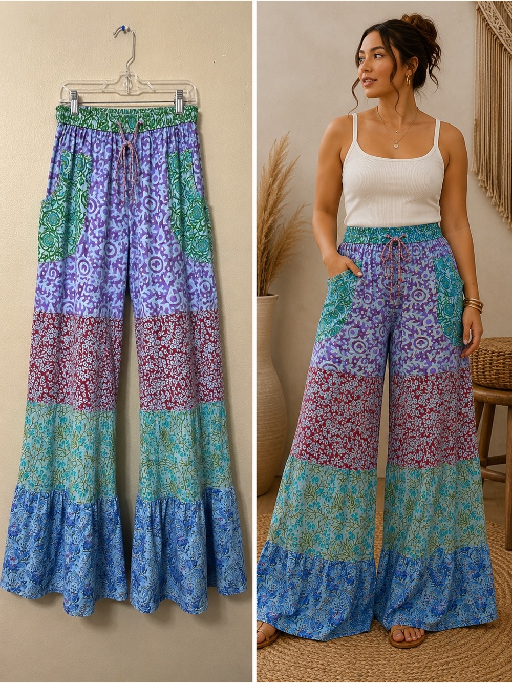 Gypsy Rose Patchwork Flare Pants Festival  Elastic Drawstring Size S/M NWT